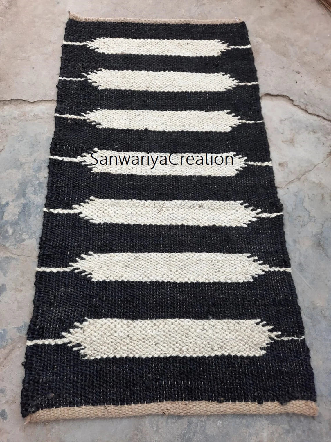 Black & Off-White Hemp Jute Runner Rug