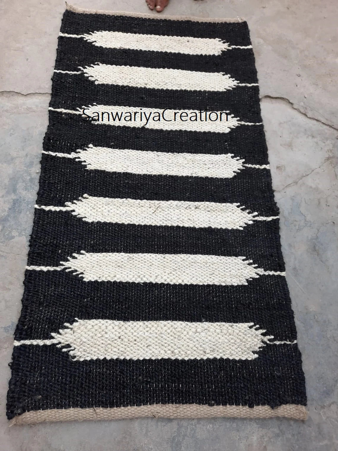 Black & Off-White Hemp Jute Runner Rug