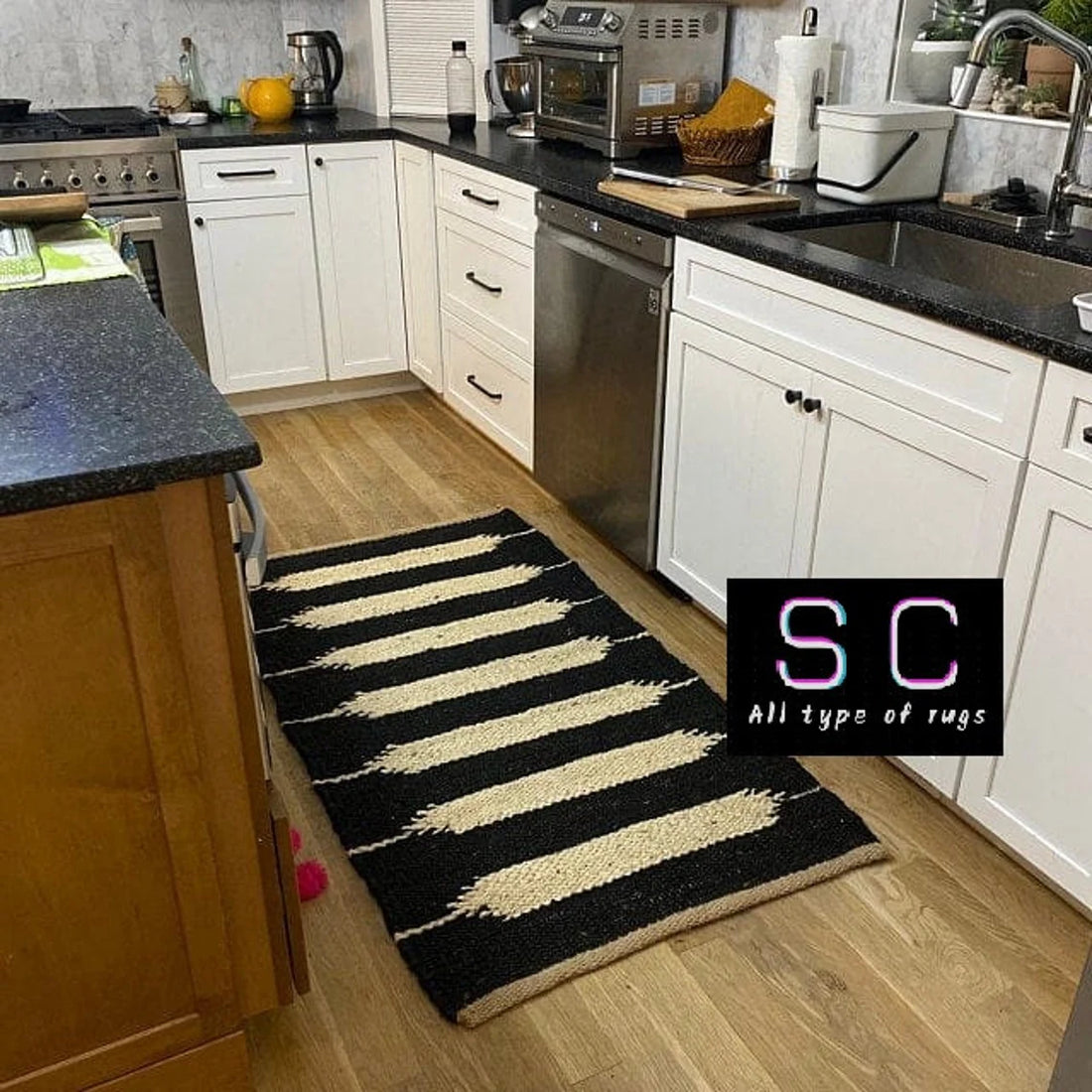 Black & Off-White Hemp Jute Runner Rug