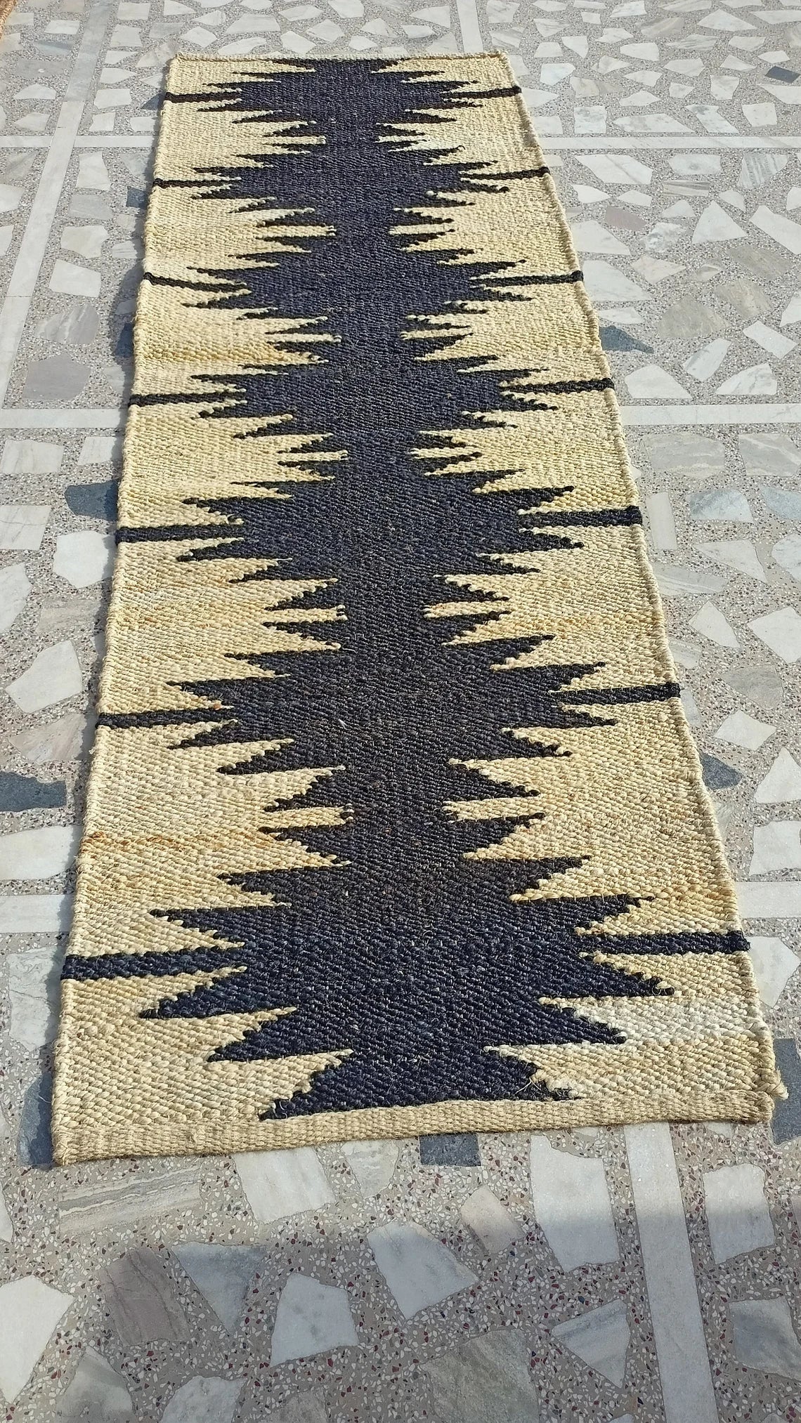 Handwoven Hemp Jute Runner with Black Zigzag Pattern