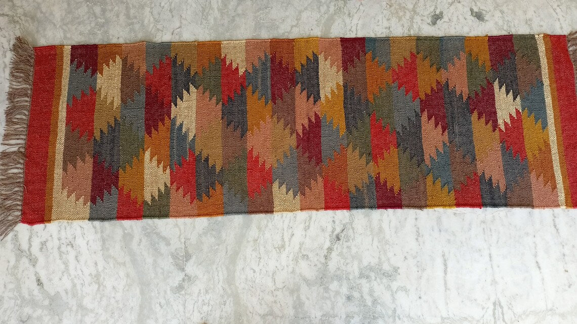 Handwoven Wool Jute Kilim Runner Rug with Classic Oriental Geometric Patterns