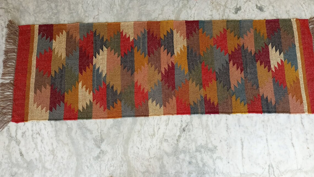 Handwoven Wool Jute Kilim Runner Rug with Classic Oriental Geometric Patterns