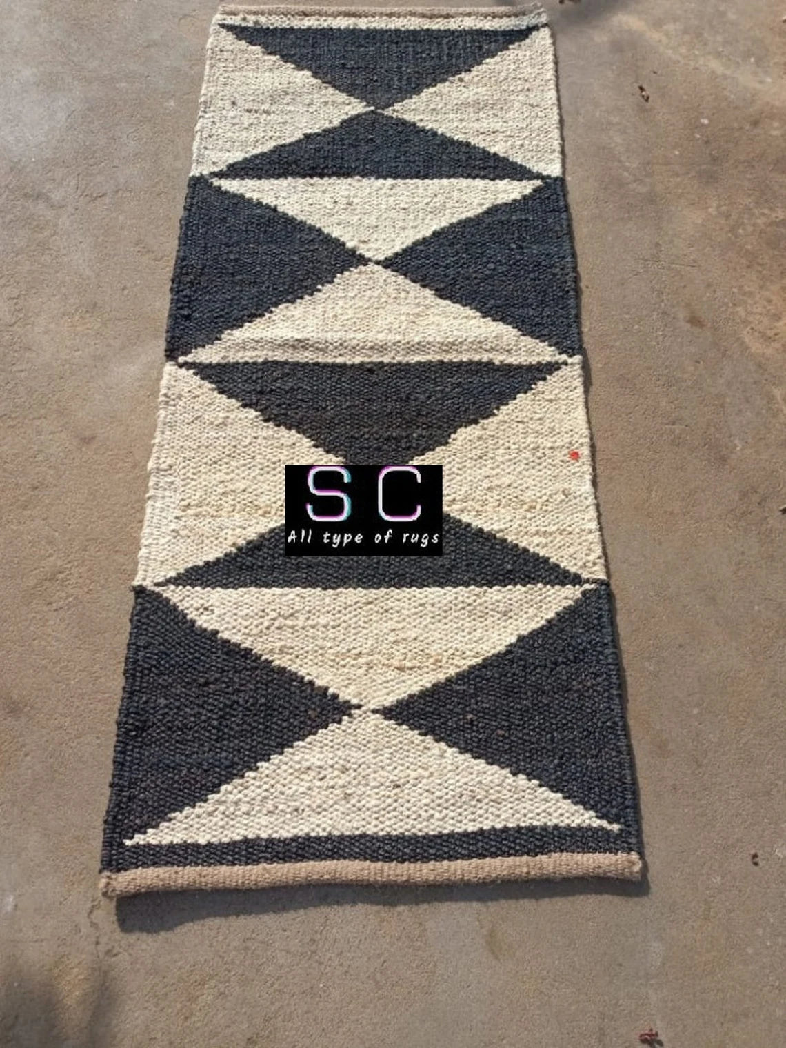 Hemp Jute Runner | Custom Size Black Geometric Rug