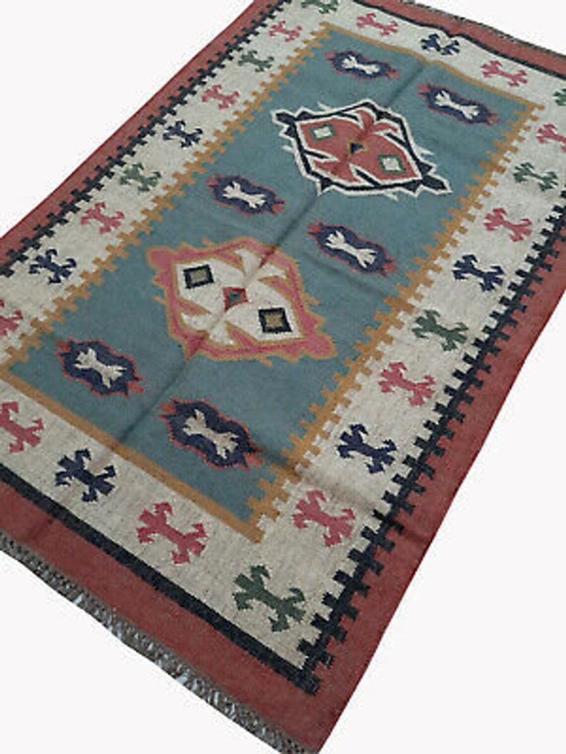 Handwoven Wool-Jute Kilim Floor Rug