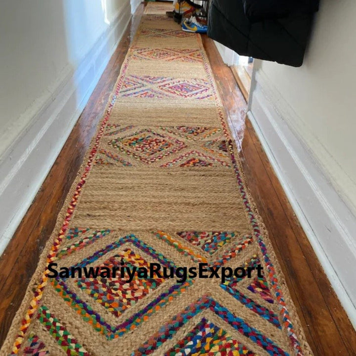 Handwoven Jute Runner Rug | Colorful Braided Chindi Rag
