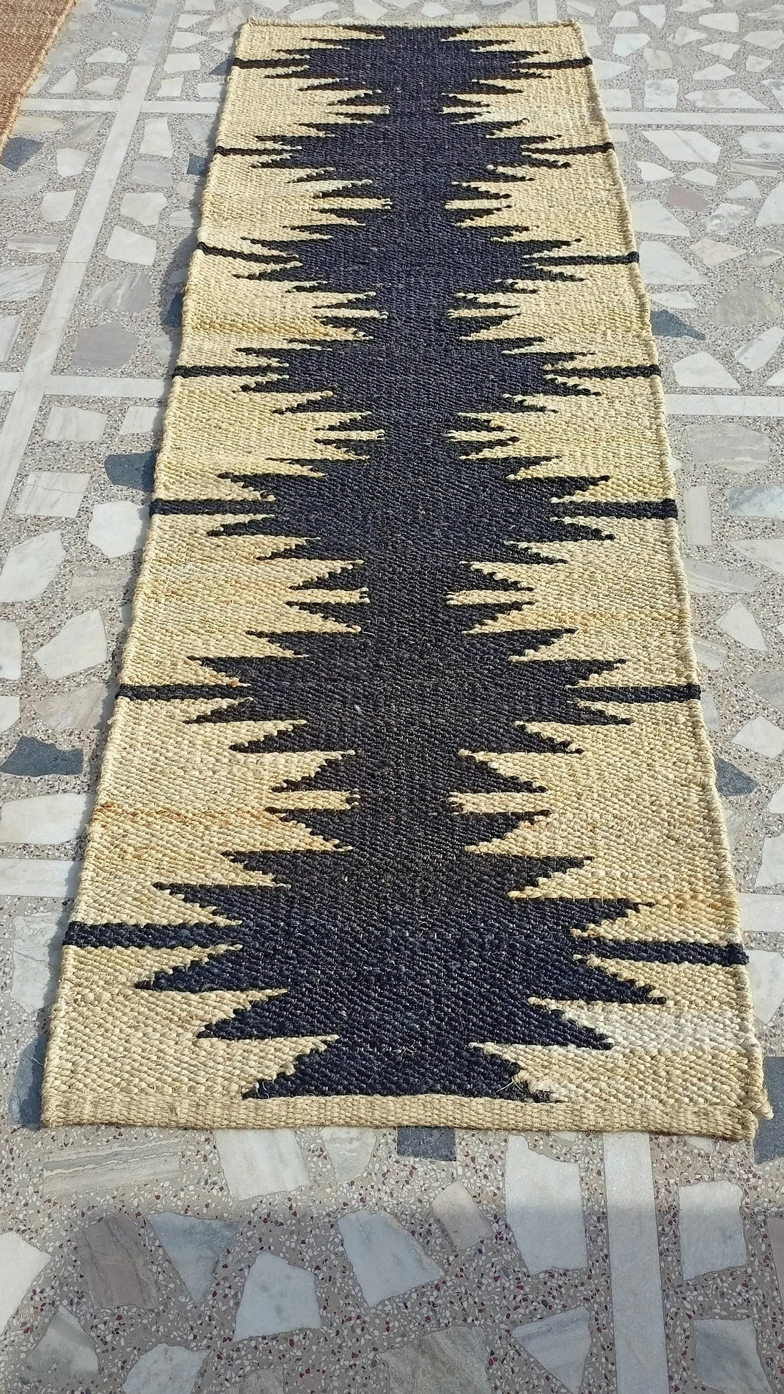 Handwoven Hemp Jute Runner with Black Zigzag Pattern