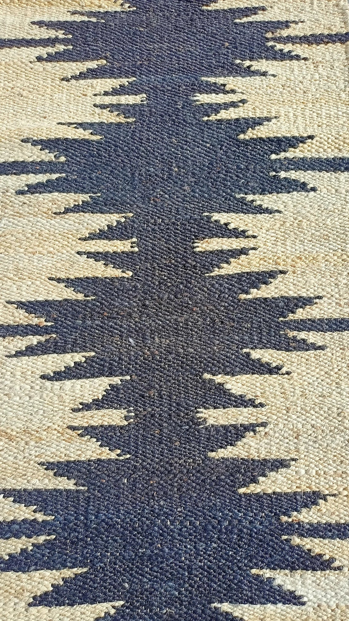 Handwoven Hemp Jute Runner with Black Zigzag Pattern