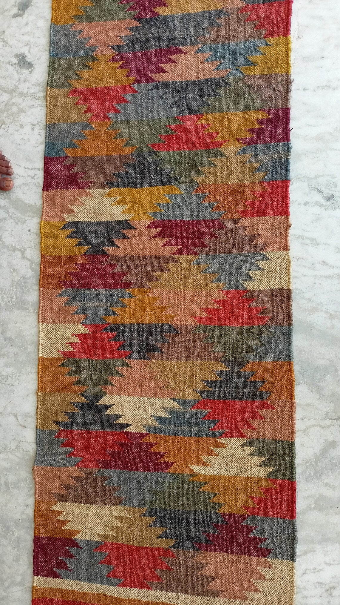 Handwoven Wool Jute Kilim Runner Rug with Classic Oriental Geometric Patterns
