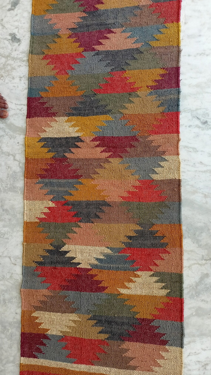 Handwoven Wool Jute Kilim Runner Rug with Classic Oriental Geometric Patterns