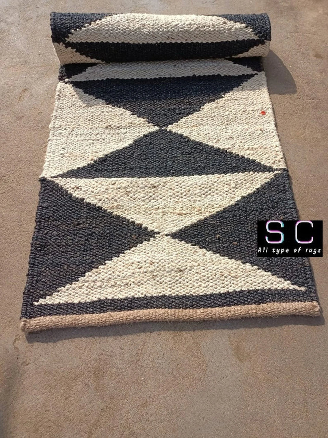 Hemp Jute Runner | Custom Size Black Geometric Rug