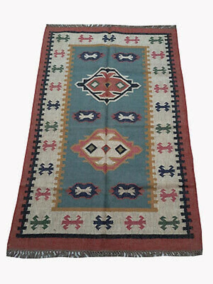 Handwoven Wool-Jute Kilim Floor Rug