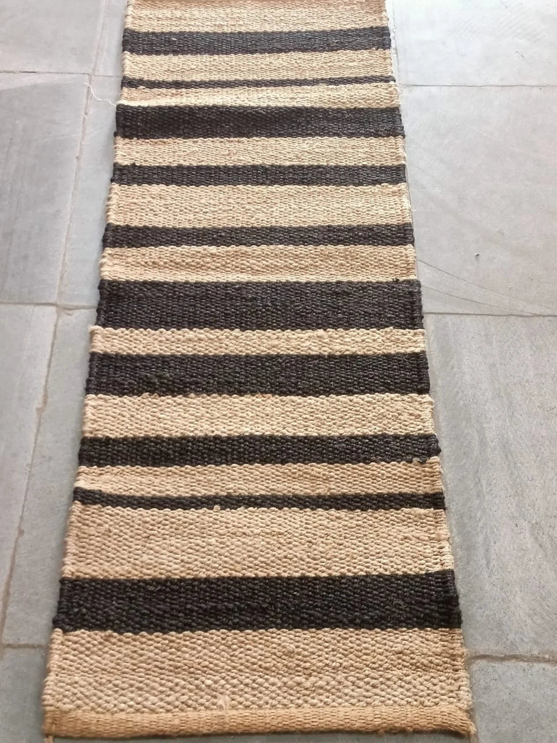 Handmade Jute Runner Rug | Hemp Hallway & Entryway Runner with Black Stripe