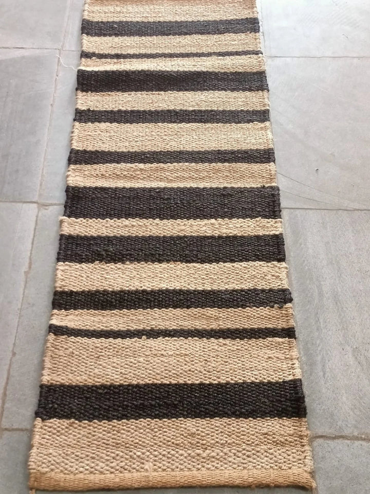 Handmade Jute Runner Rug | Hemp Hallway & Entryway Runner with Black Stripe