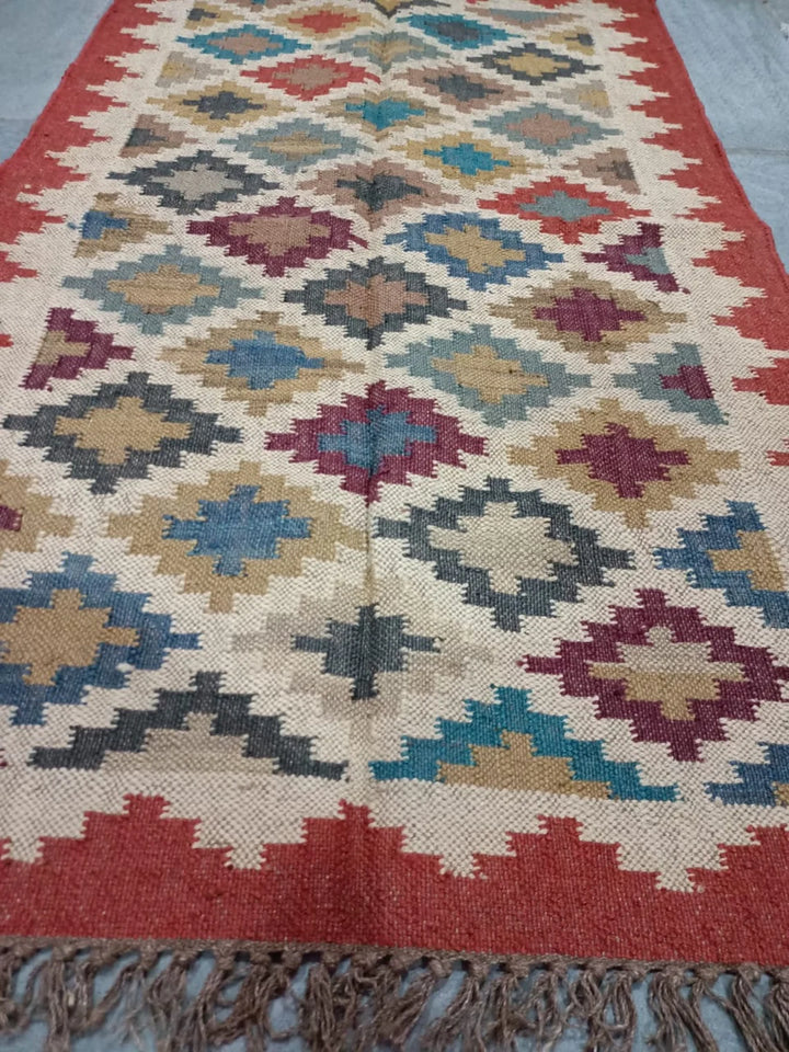 Bohemian Kilim Area Rug, Ethnic Handwoven Dhurrie Carpet for Living Room, Bedroom & Hallway