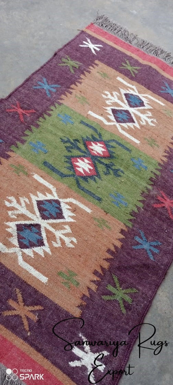 Handwoven Kilim Wool Jute Area Rug with Traditional Geometric