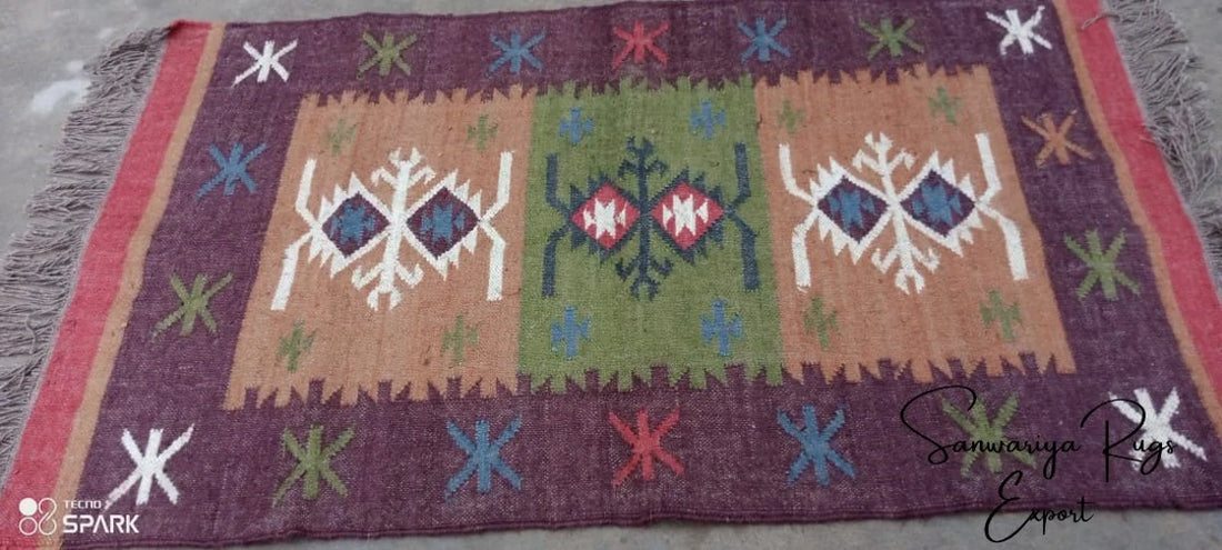 Handwoven Kilim Wool Jute Area Rug with Traditional Geometric