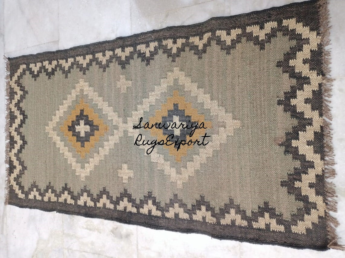 Handwoven Wool Jute Rug Handmade Kilim Dhurrie Rug, Braided Oriental Runner