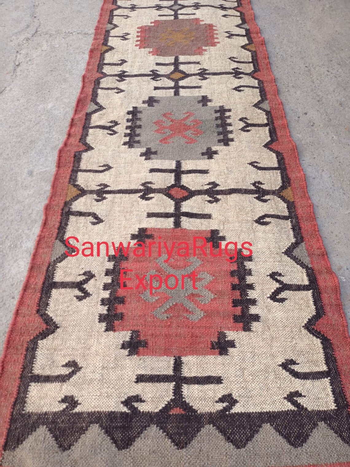 Handwoven Wool Jute Kilim Rug: Geometric Indian Dhurrie