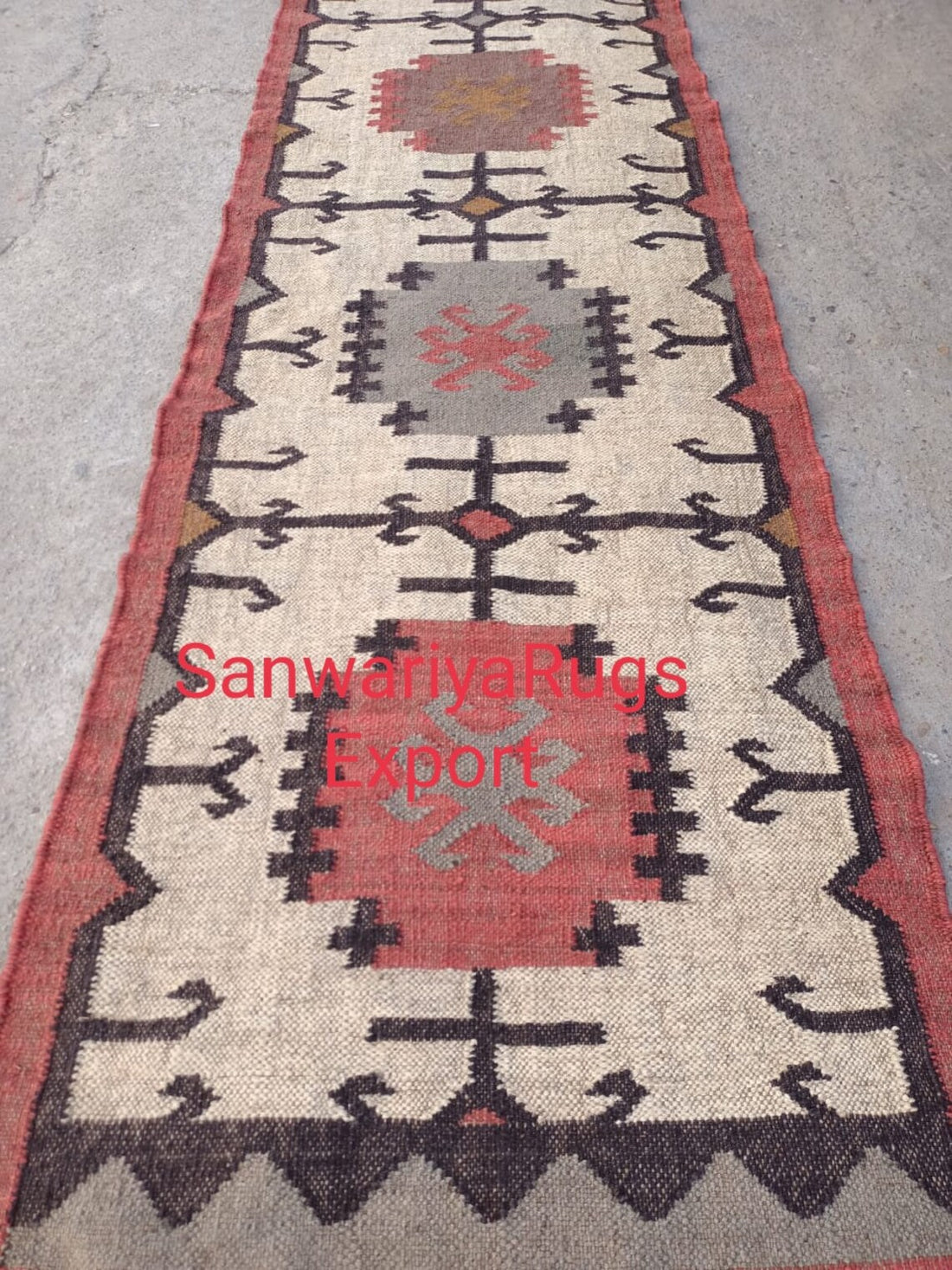 Handwoven Wool Jute Kilim Rug: Geometric Indian Dhurrie