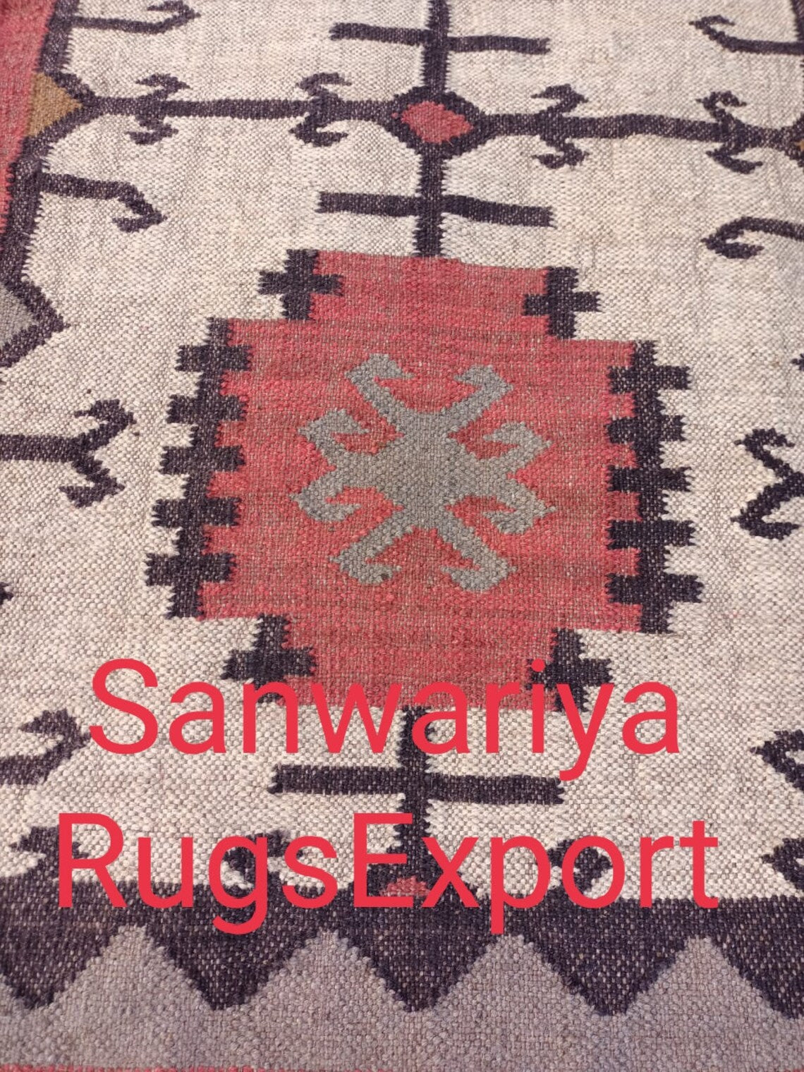Handwoven Wool Jute Kilim Rug: Geometric Indian Dhurrie