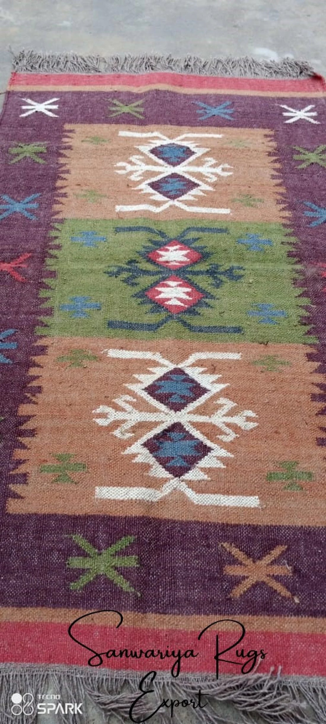Handwoven Kilim Wool Jute Area Rug with Traditional Geometric