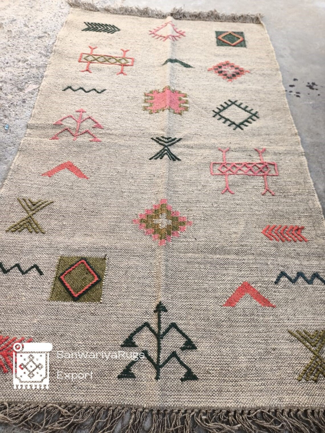 Handwoven Wool Jute Kilim Rug – Traditional Indian Dhurrie