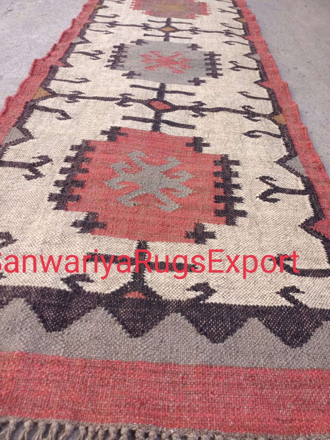 Handwoven Wool Jute Kilim Rug: Geometric Indian Dhurrie