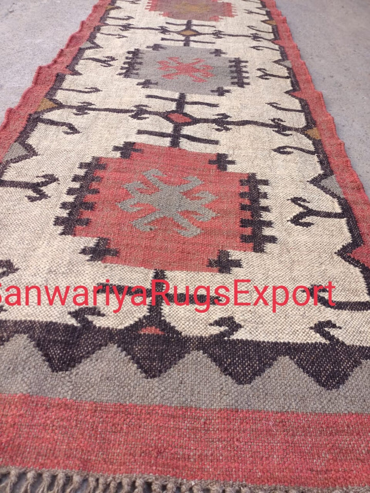 Handwoven Wool Jute Kilim Rug: Geometric Indian Dhurrie