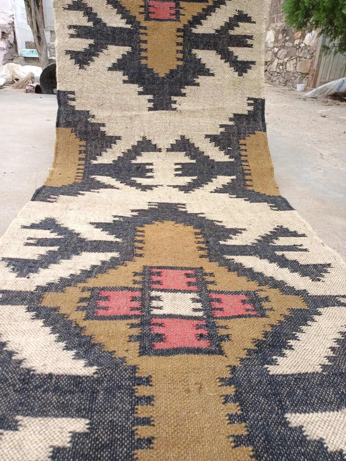 Handwoven Wool Jute Kilim Runner Rug with Traditional Geometric Motifs