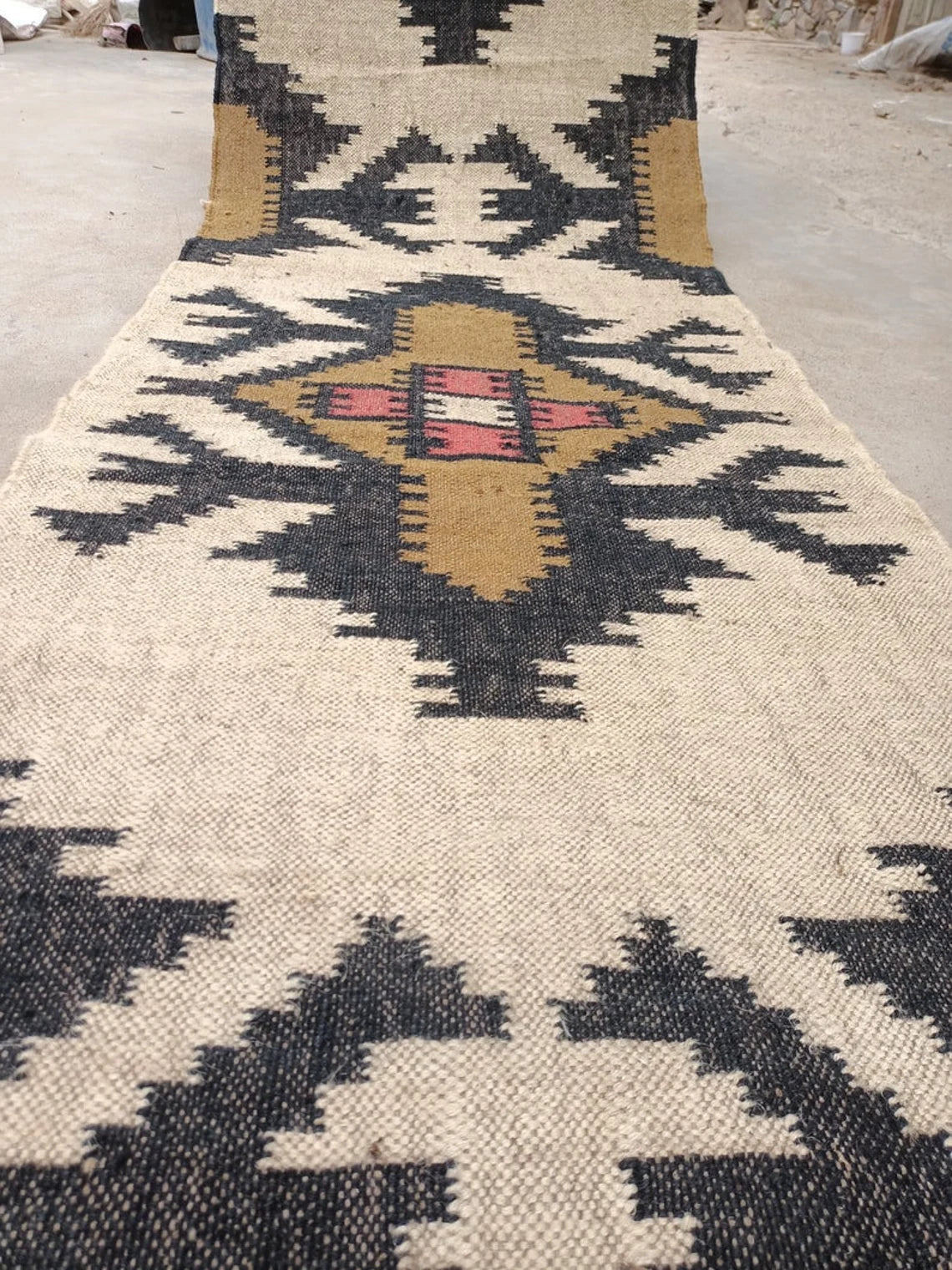 Handwoven Wool Jute Kilim Runner Rug with Traditional Geometric Motifs
