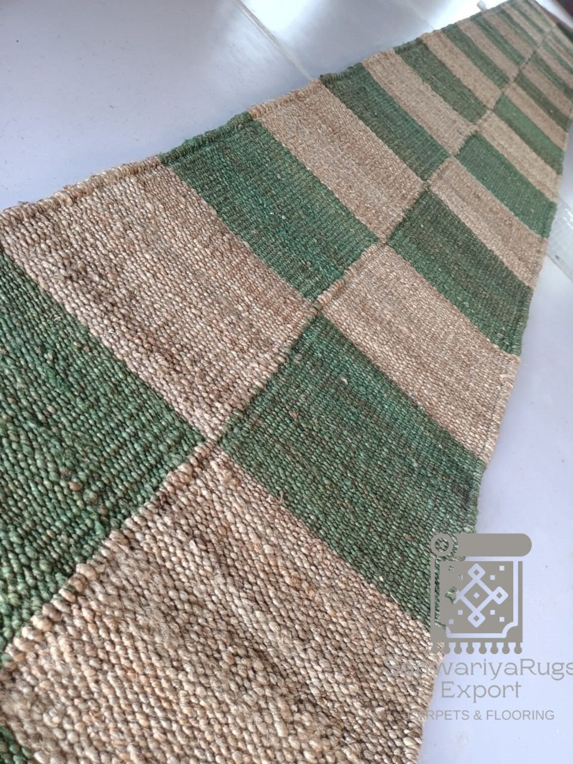 Jute Runner Rug | White & Natural Box Pattern | Handwoven Hemp & Jute Hallway Runner