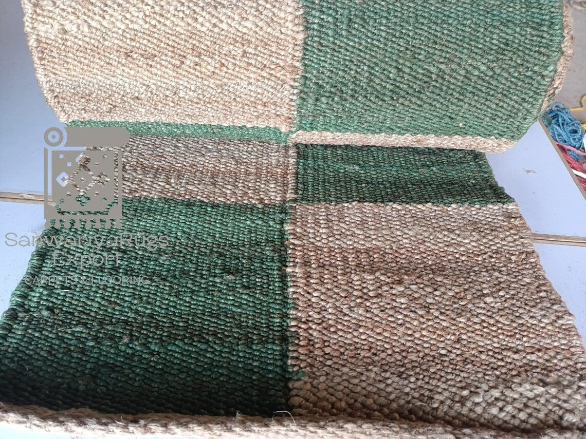 Jute Runner Rug | White & Natural Box Pattern | Handwoven Hemp & Jute Hallway Runner