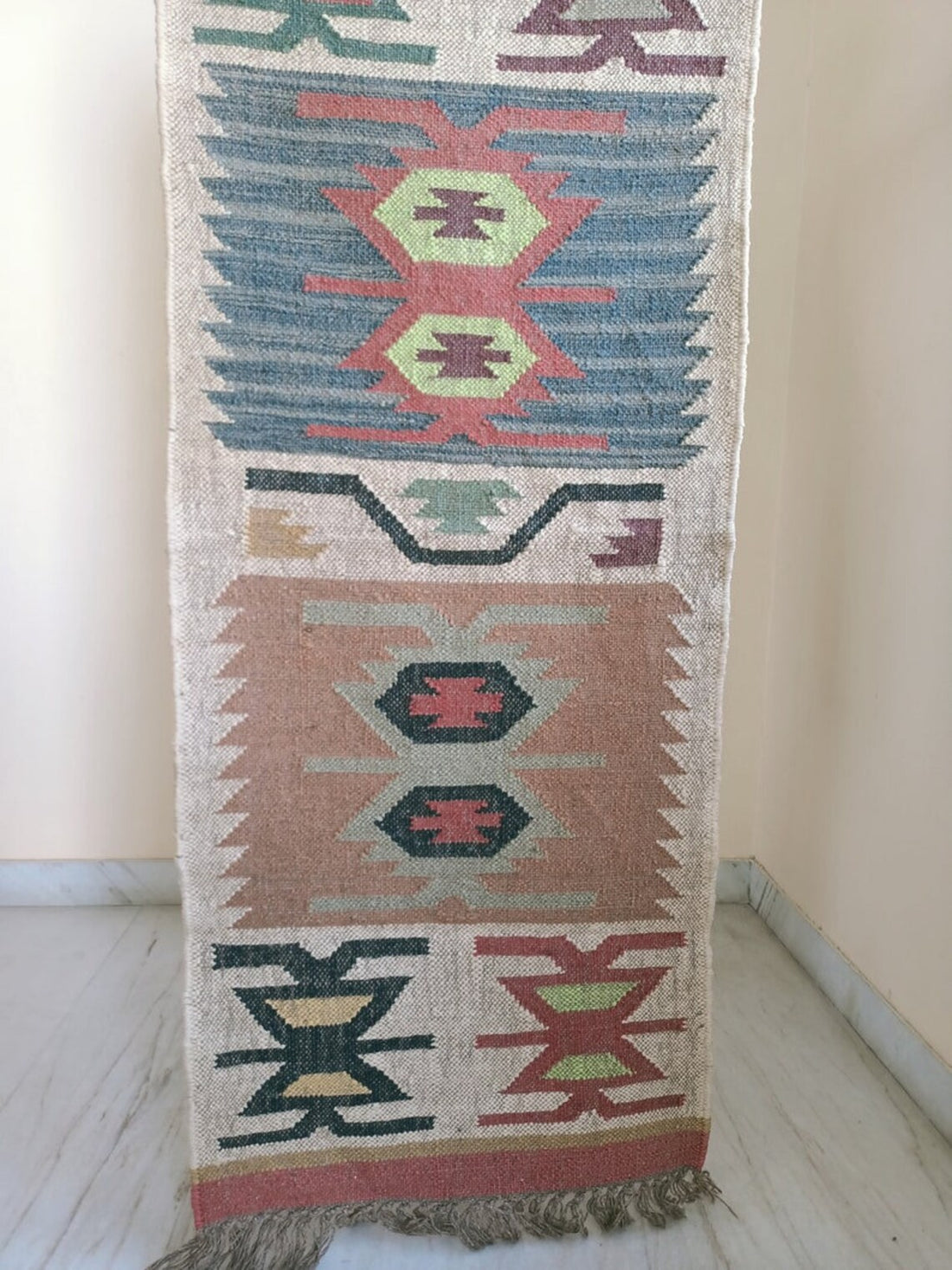 Handwoven Wool Jute Kilim Runner Aztec Geometric Dhurrie Rug