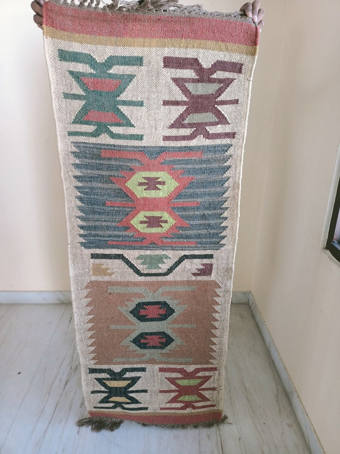 Handwoven Wool Jute Kilim Runner Aztec Geometric Dhurrie Rug