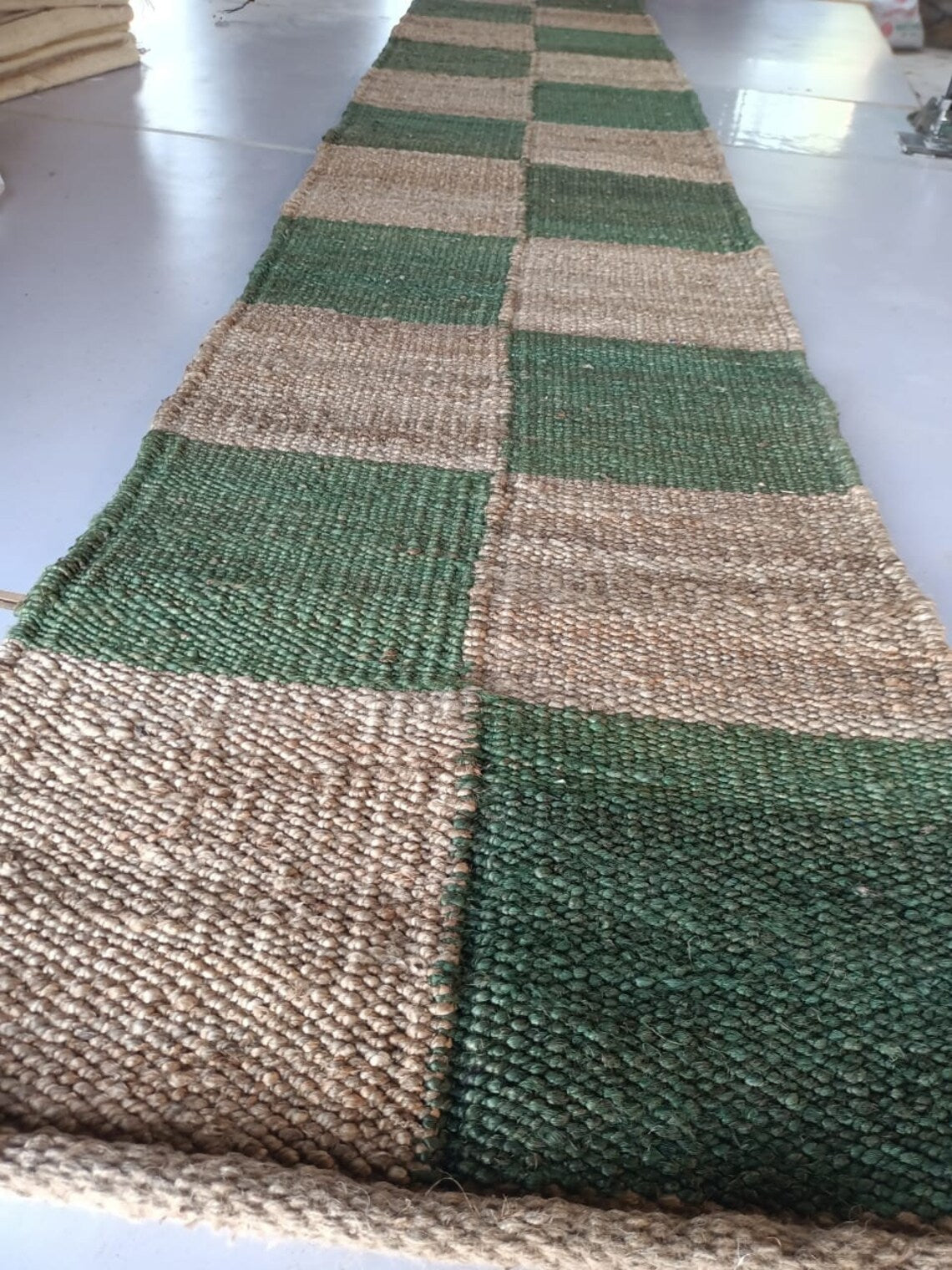 Jute Runner Rug | White & Natural Box Pattern | Handwoven Hemp & Jute Hallway Runner
