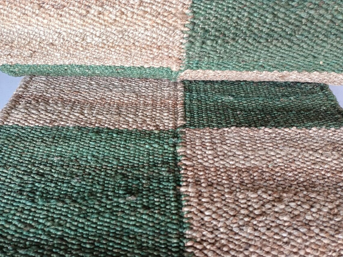 Jute Runner Rug | White & Natural Box Pattern | Handwoven Hemp & Jute Hallway Runner