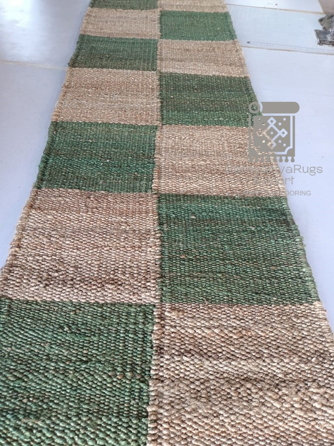Jute Runner Rug | White & Natural Box Pattern | Handwoven Hemp & Jute Hallway Runner