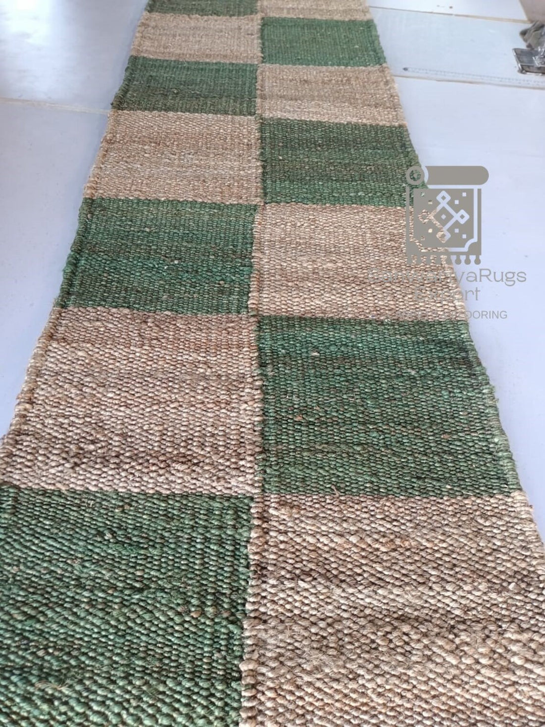Jute Runner Rug | White & Natural Box Pattern | Handwoven Hemp & Jute Hallway Runner