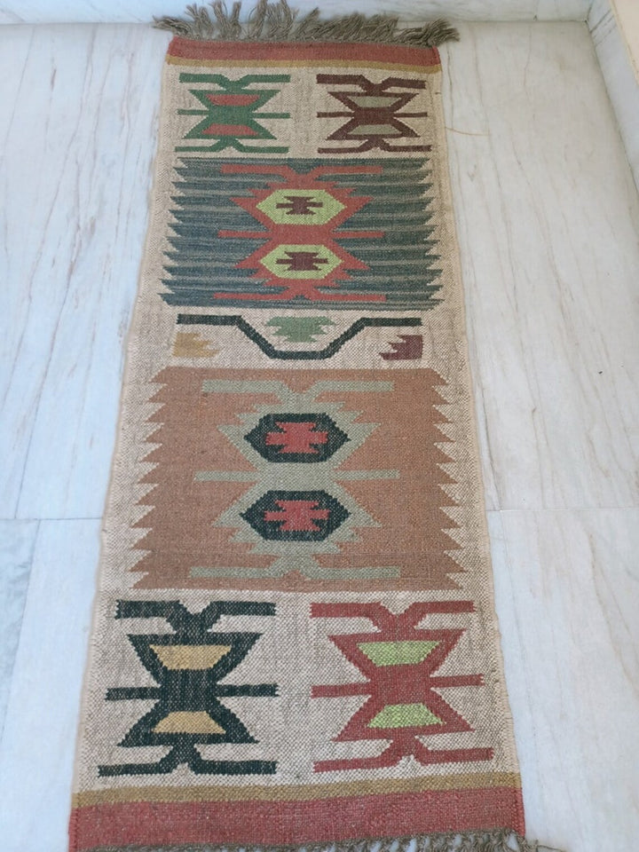 Handwoven Wool Jute Kilim Runner Aztec Geometric Dhurrie Rug