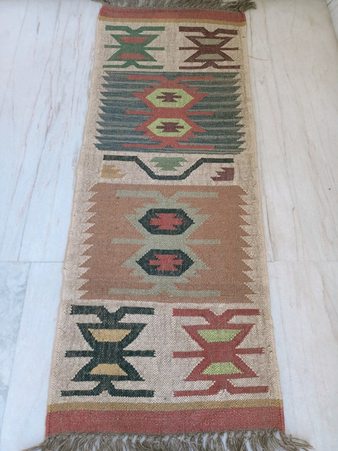 Handwoven Wool Jute Kilim Runner Aztec Geometric Dhurrie Rug