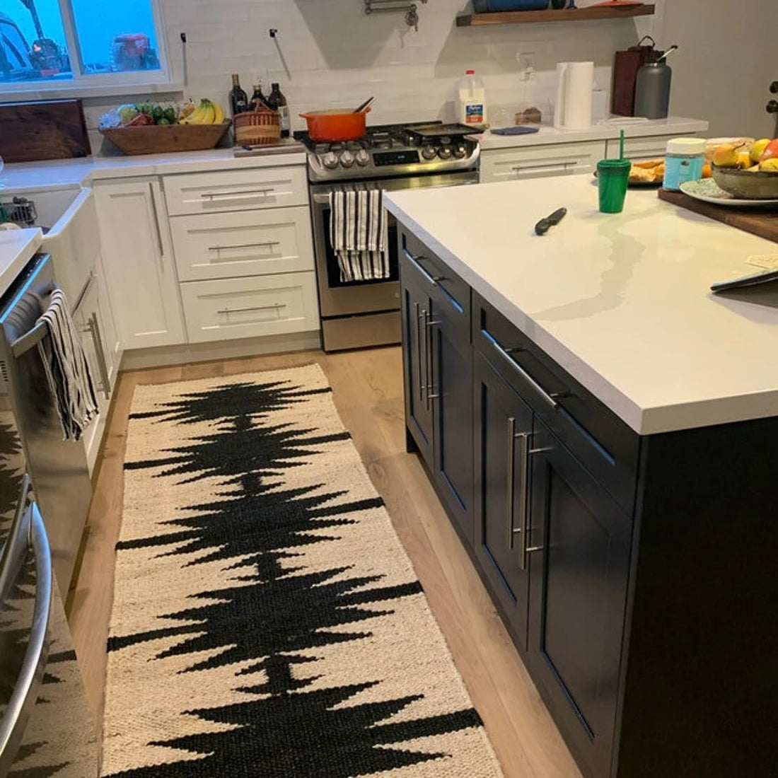 Handwoven Hemp Jute Runner with Black Zigzag Pattern