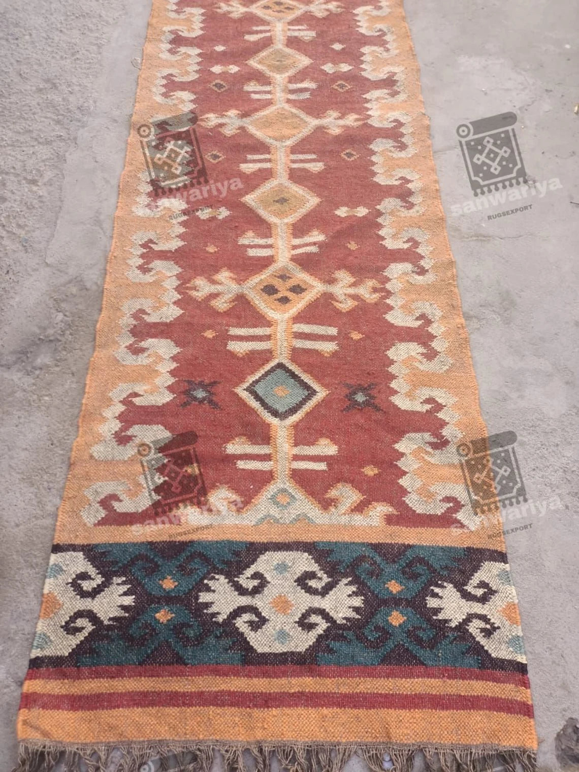 Handwoven Wool Jute Kilim Runner Oriental Geometric Rug
