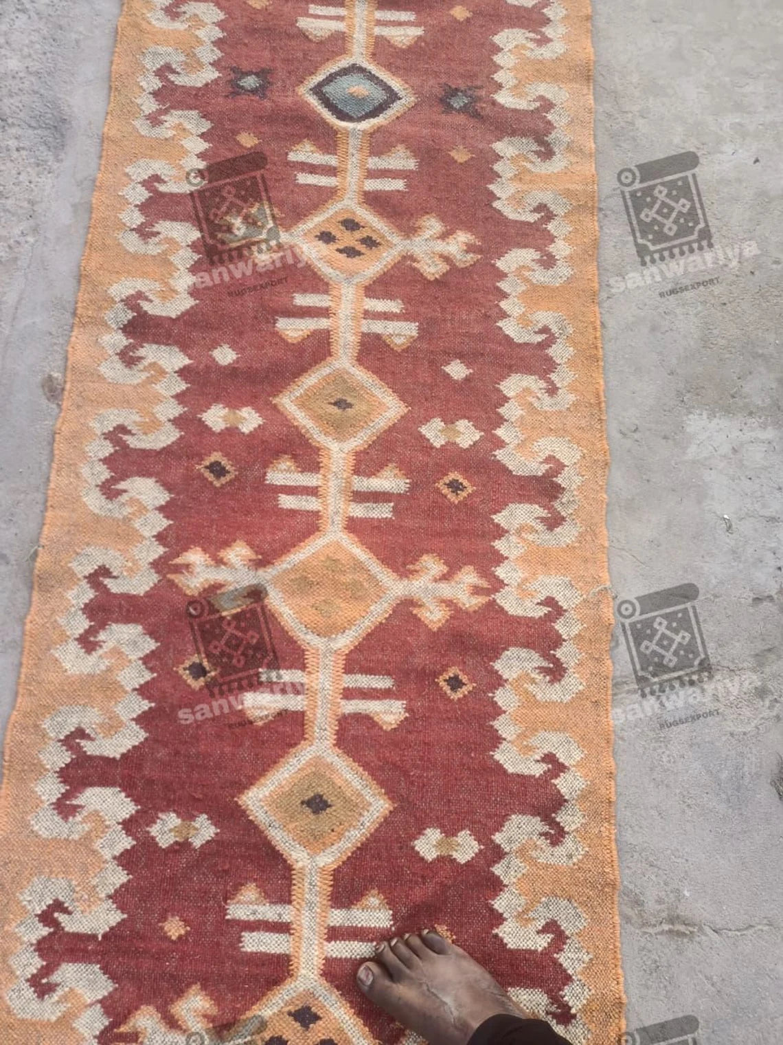 Handwoven Wool Jute Kilim Runner Oriental Geometric Rug