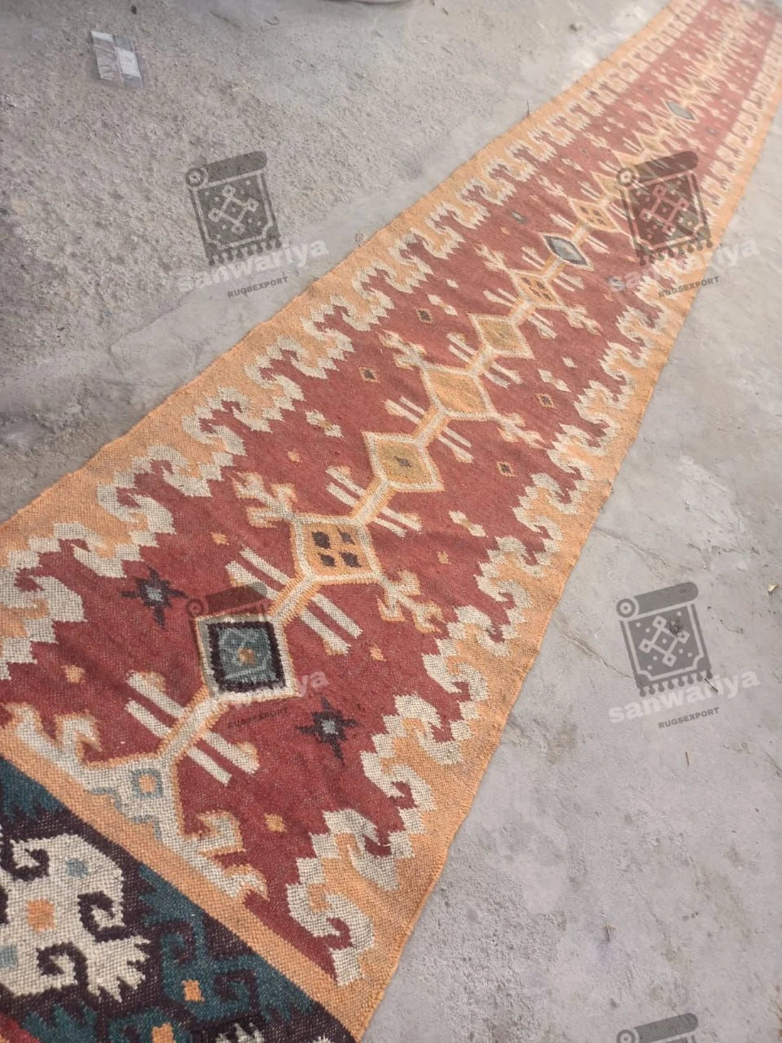 Handwoven Wool Jute Kilim Runner Oriental Geometric Rug