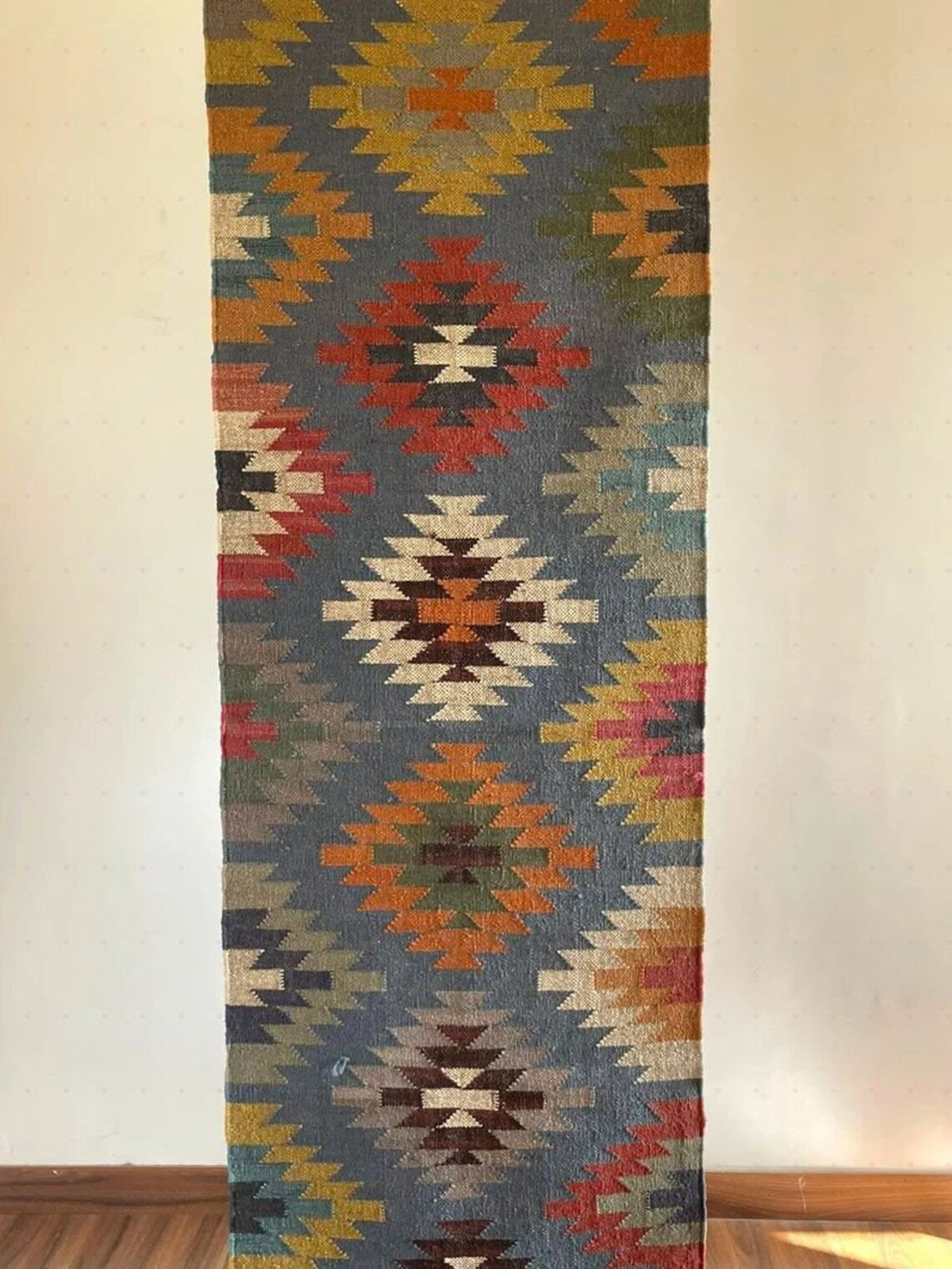 Handwoven Kilim Wool Jute Runner Rug with Traditional Geometric Oriental Motifs