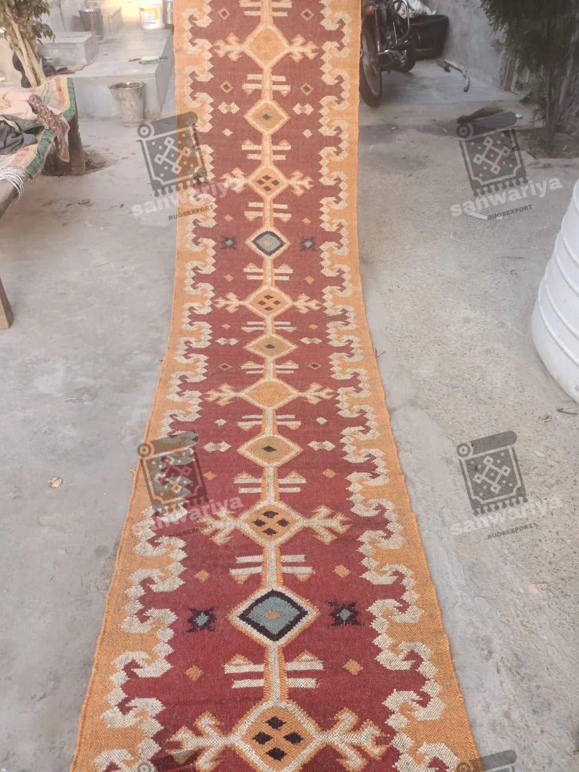 Handwoven Wool Jute Kilim Runner Oriental Geometric Rug