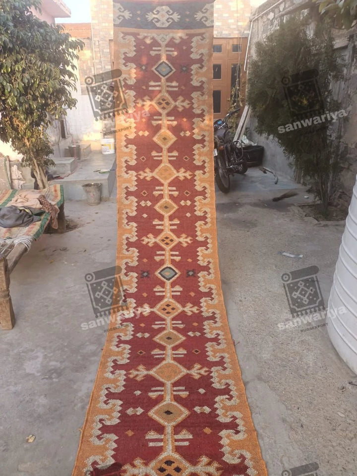 Handwoven Wool Jute Kilim Runner Oriental Geometric Rug