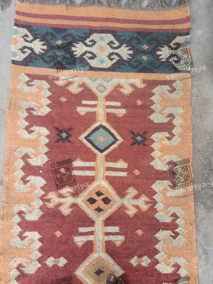 Handwoven Wool Jute Kilim Runner Oriental Geometric Rug