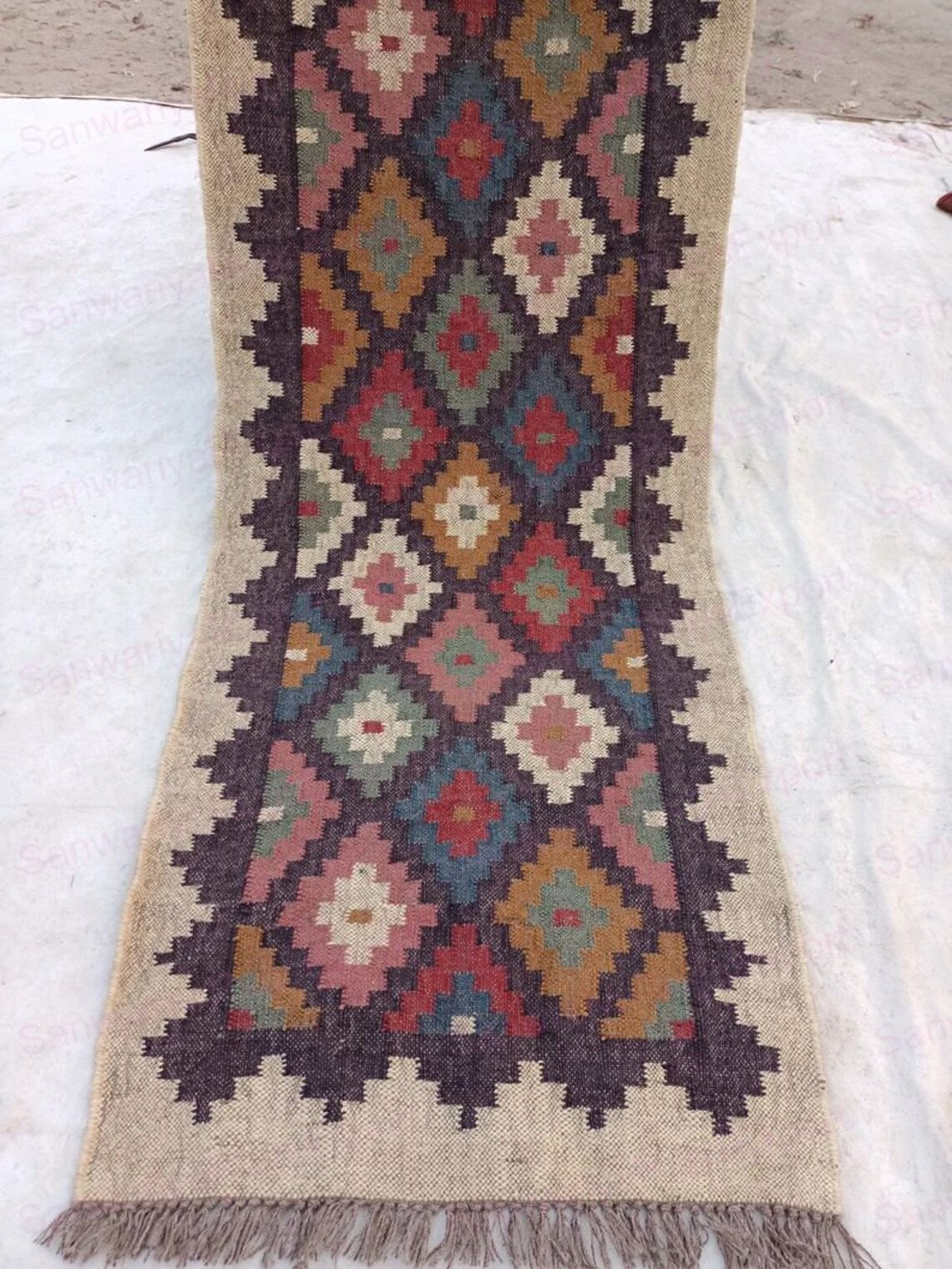 Handwoven Wool Jute Kilim Runner Oriental Geometric Rug