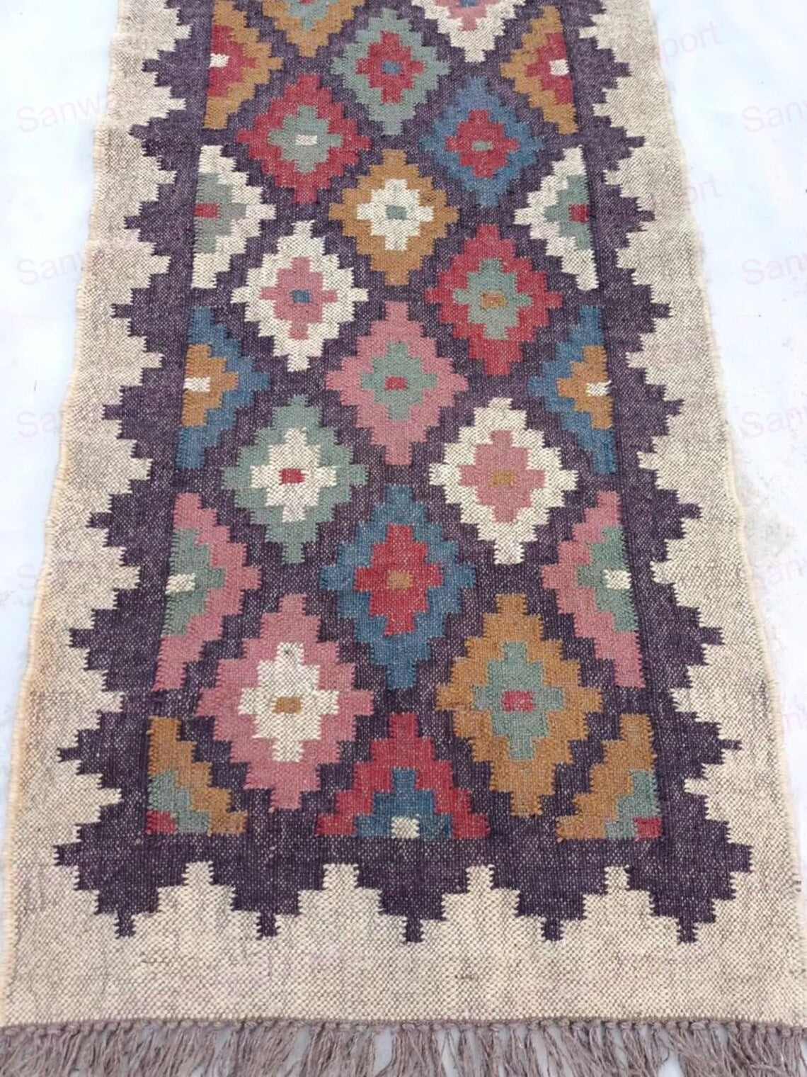 Handwoven Wool Jute Kilim Runner Oriental Geometric Rug